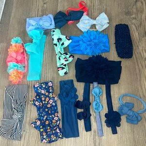 BLUES + TEALS head bands, hair bow, head wrap lot for babygirl